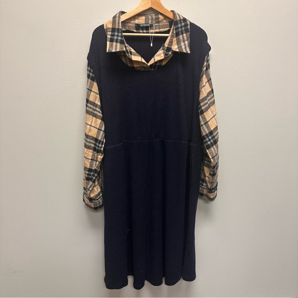 BloomChic Navy and Plaid Dress Womens Size 22-24 Business Casual Maxi Cotton